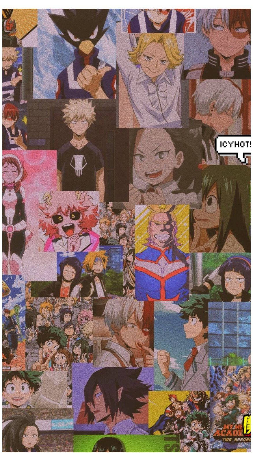 Aesthetic My Hero Academia Main Characters 壁紙 — 來自《我的英雄學院》的動漫角色拼貼畫，展現動感姿勢與色彩繽紛的服裝。