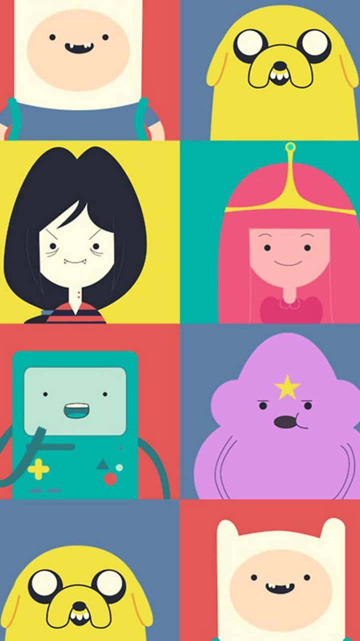 Cute Cartoon Characters 桌布 壁紙 — 來自《探險活寶》的鮮豔卡通角色，以色彩繽紛的網格排列，搭配大膽的純色背景。