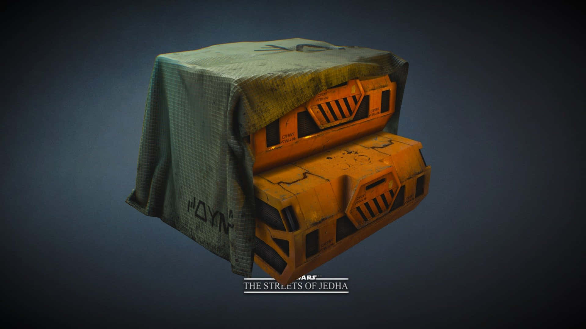 Jedha 桌布 壁紙 — 來自《星球大戰：傑達街頭》嘅一部風化橙色飛車，部分被一塊破爛灰色布遮蓋，背景係深色漸變。