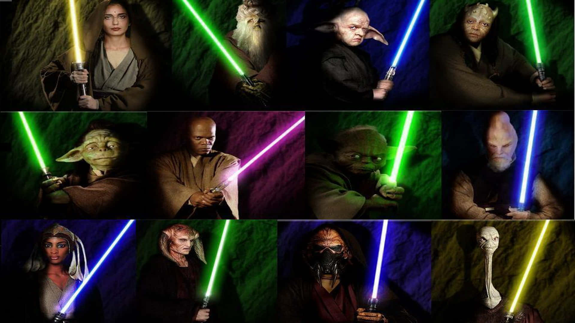 Jedi Council 桌布 壁紙 — 來自《星球大戰》的九位絕地武士和西斯戰士在深色紋理背景前手持發光光劍。