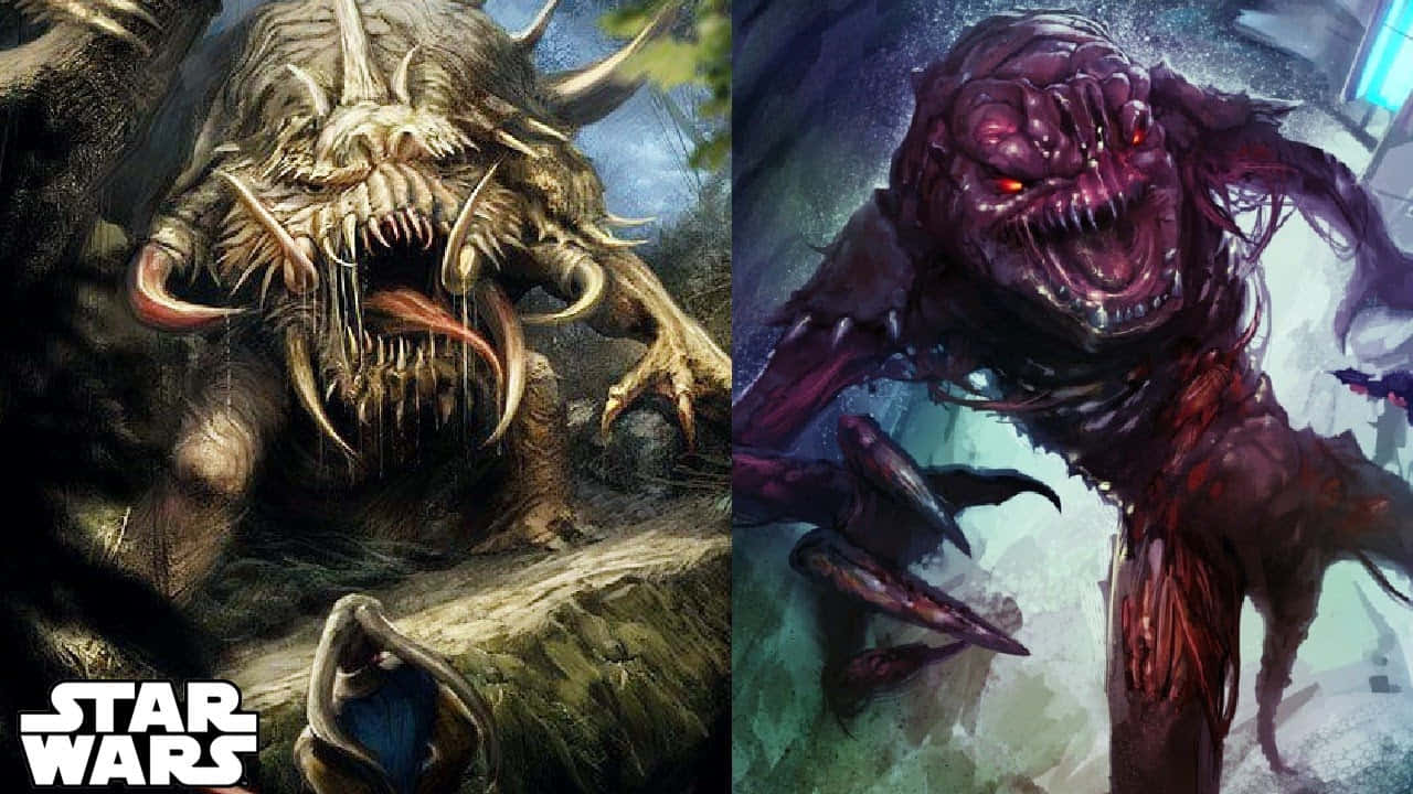 Rancor 桌布 壁紙 — 來自《星球大戰》的兩隻怪異外星生物，以黑暗奇幻藝術風格描繪，擁有鋒利牙齒和發光眼睛。