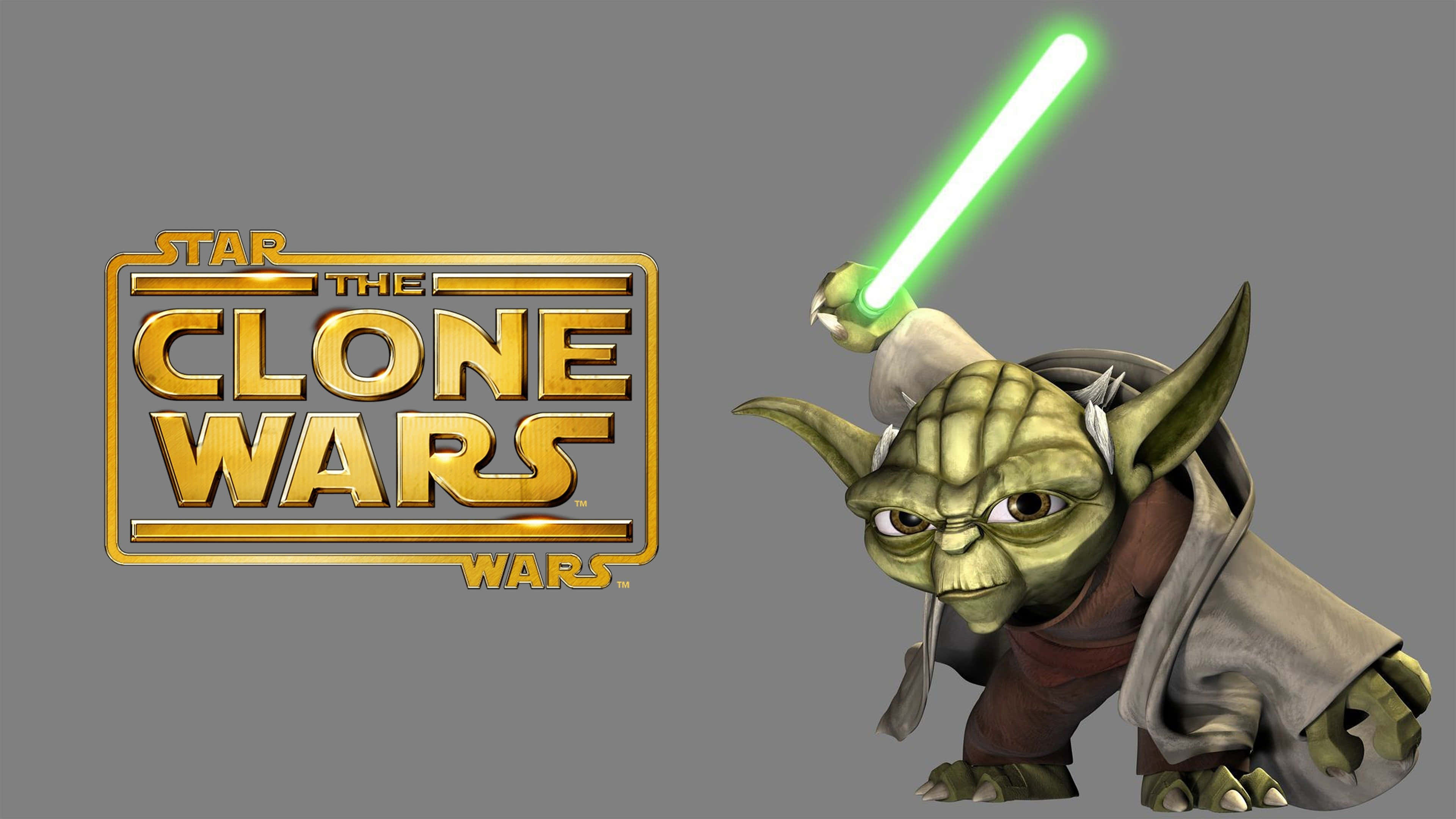 The Clone Army 桌布 壁紙 — 來自《星球大戰：複製人之戰》的尤達手持發光的綠色光劍，背景為純灰色。