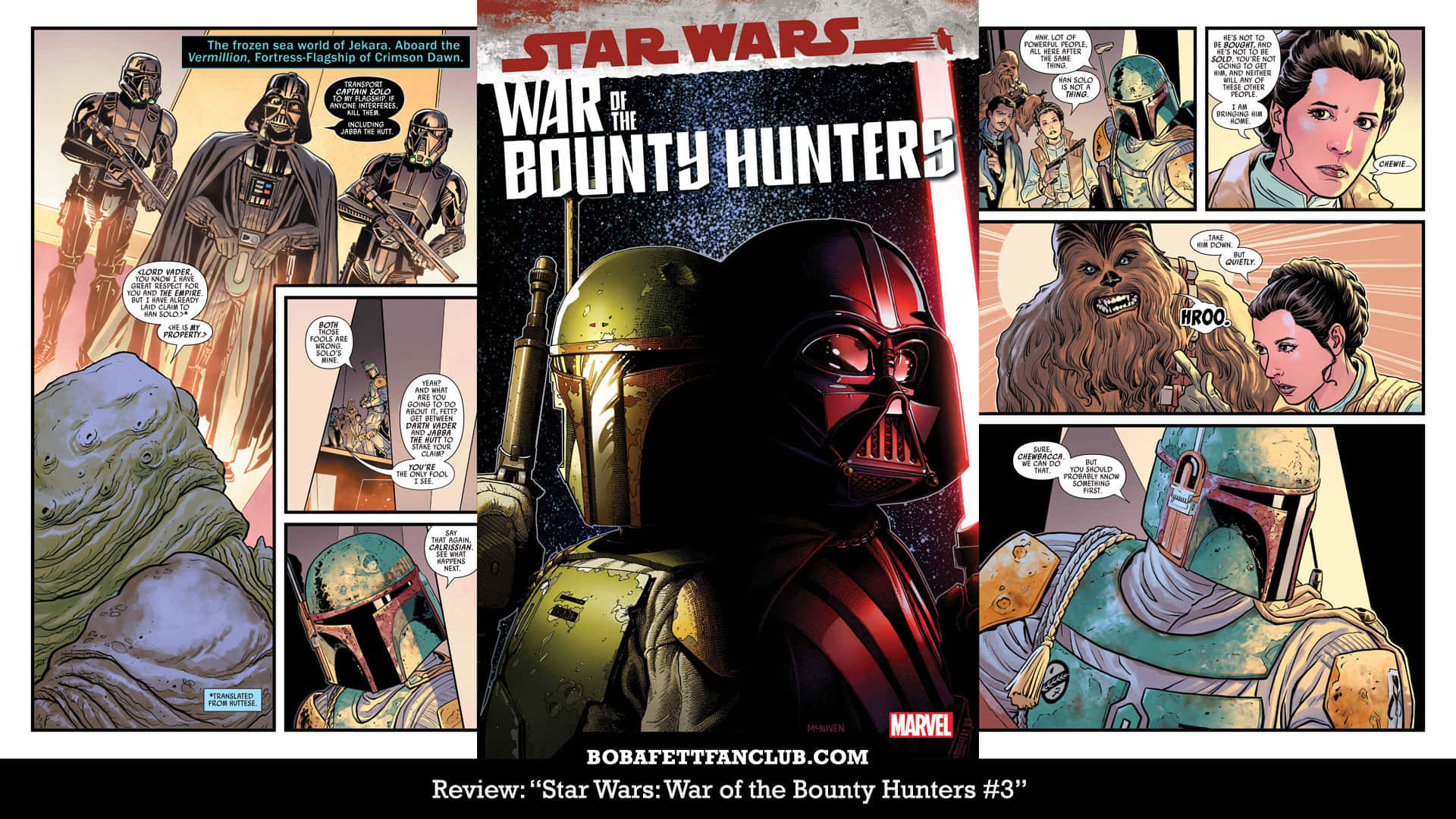 The War Of The Bounty Hunters 桌布 壁紙 — 來自《星際大戰：賞金獵人之戰》的漫畫跨頁，展示了達斯維達、波巴費特和丘巴卡在戲劇性畫面中。