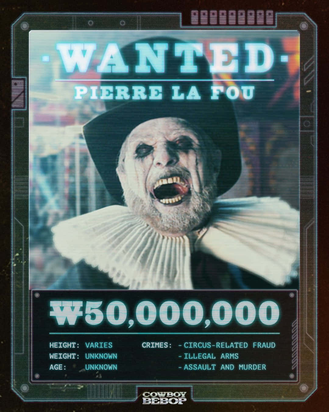 Mad Pierrot 桌布 壁紙 — 來自《星際牛仔》的 Pierre La Fou 通緝海報，顯示他在數位故障框架中尖叫的臉，賞金為 5000 萬。