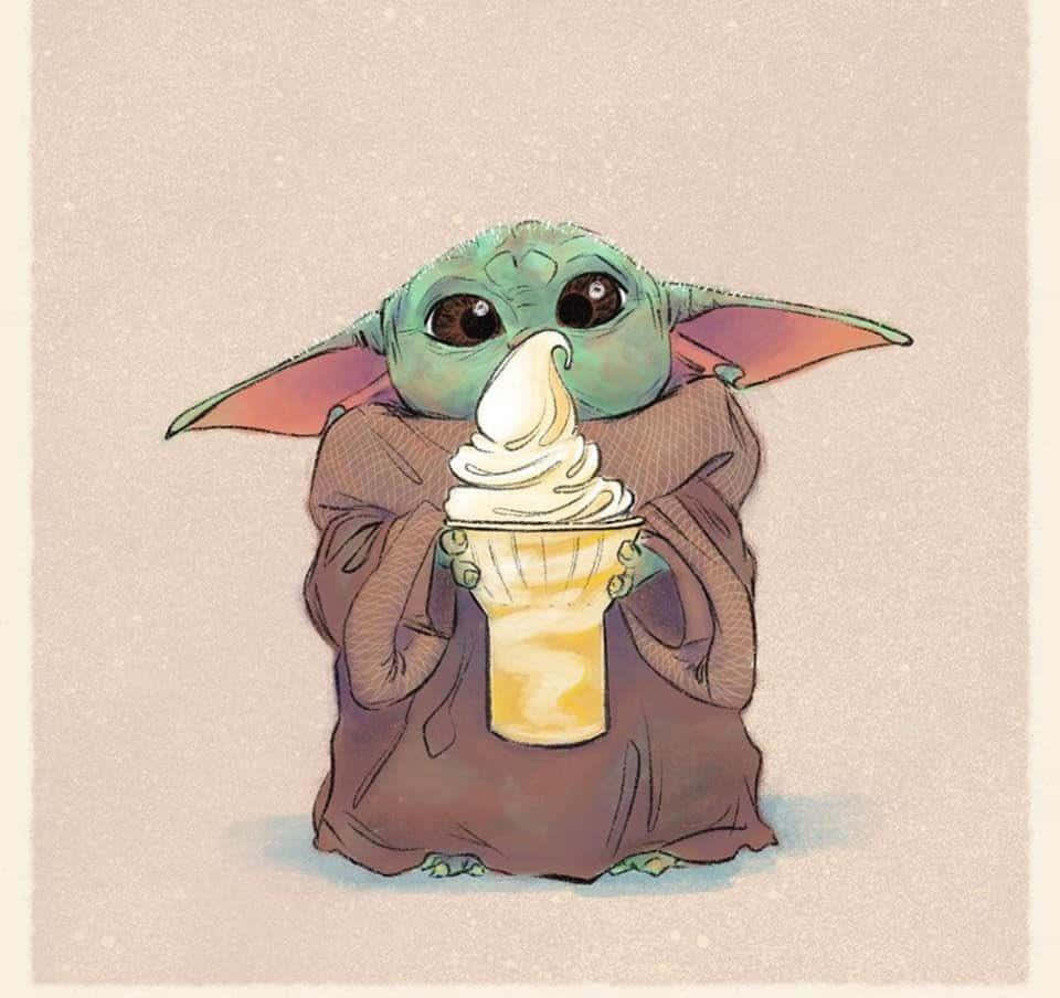 來自《曼達洛人》的可愛 Baby Yoda 壁紙 — 一個可愛的綠色嬰兒尤達穿著棕色長袍，拿著一個雲呢拿雪糕筒，大眼睛向前望。