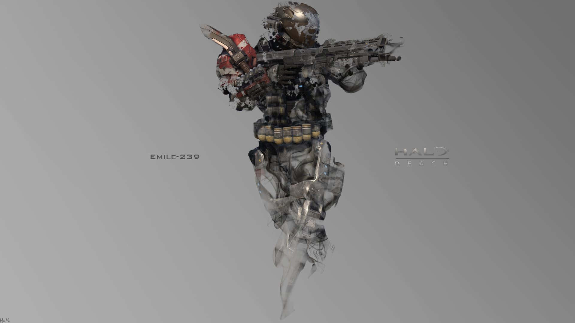 Halo Emile 桌布 壁紙 — 來自《最後一戰：瑞曲之戰》的半透明斯巴達戰士漂浮在半空中，手持重型武器，背景為純灰色。