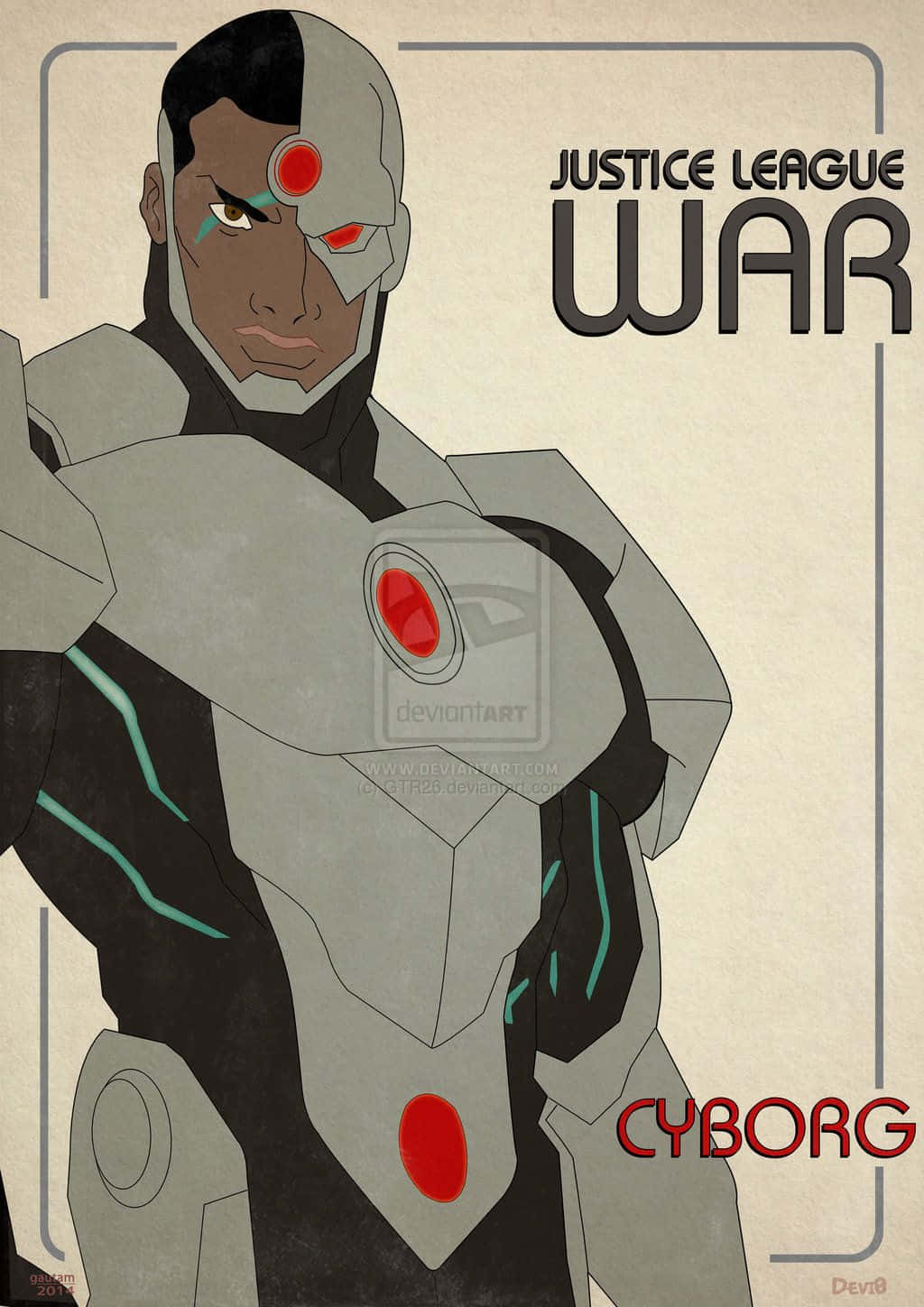 Justice League War 桌布 壁紙 — 來自《正義聯盟：戰爭》的鋼骨以風格化插圖呈現，灰色和黑色裝甲服上有紅色發光眼睛和青綠色電路線條。