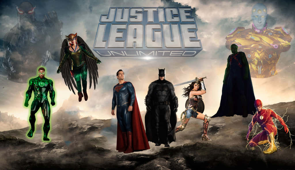 Justice League Unlimited 桌布 壁紙 — 來自《正義聯盟無限》的超級英雄們在暴風雨懸崖上英勇站立，背景是戲劇性的多雲天空。