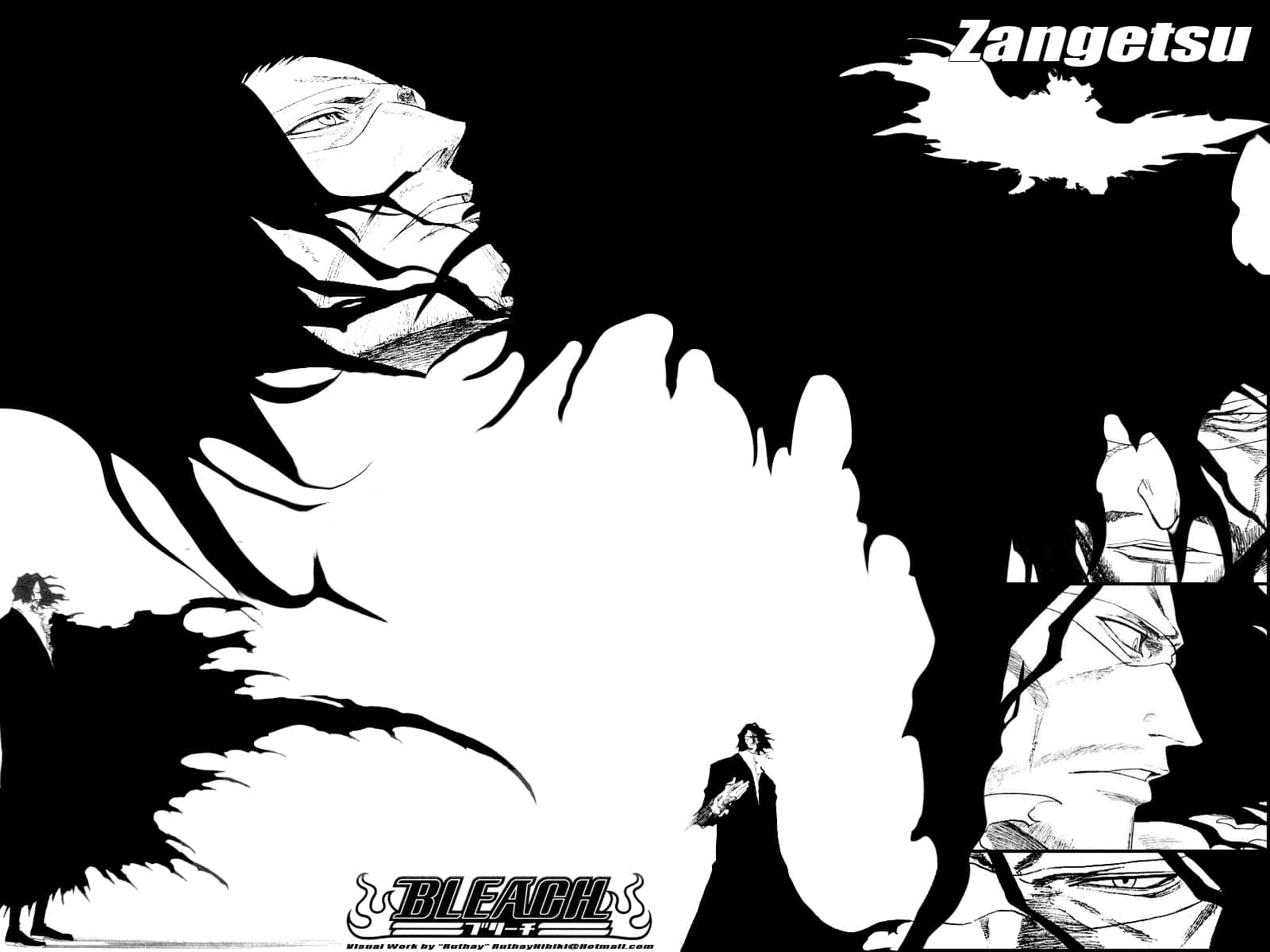 Zangetsu 桌布 壁紙 — 來自《死神》的高對比漫畫面板顯示一個巨大的斬月靈魂籠罩著一個小小的死神身影。
