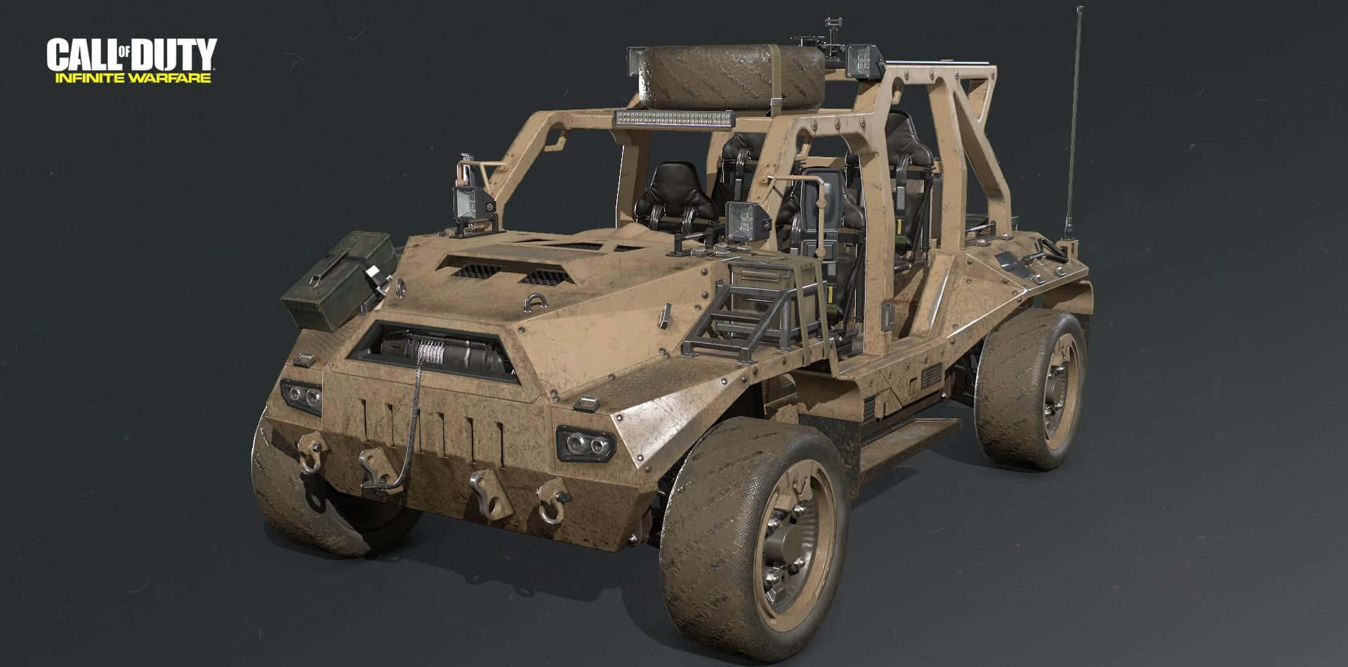 Call Of Duty Vehicles 桌布 壁紙 — 來自《決勝時刻：無盡戰爭》的堅固棕褐色軍用車輛，在深色工作室背景前展示，帶有可見的磨損和戰術裝備。