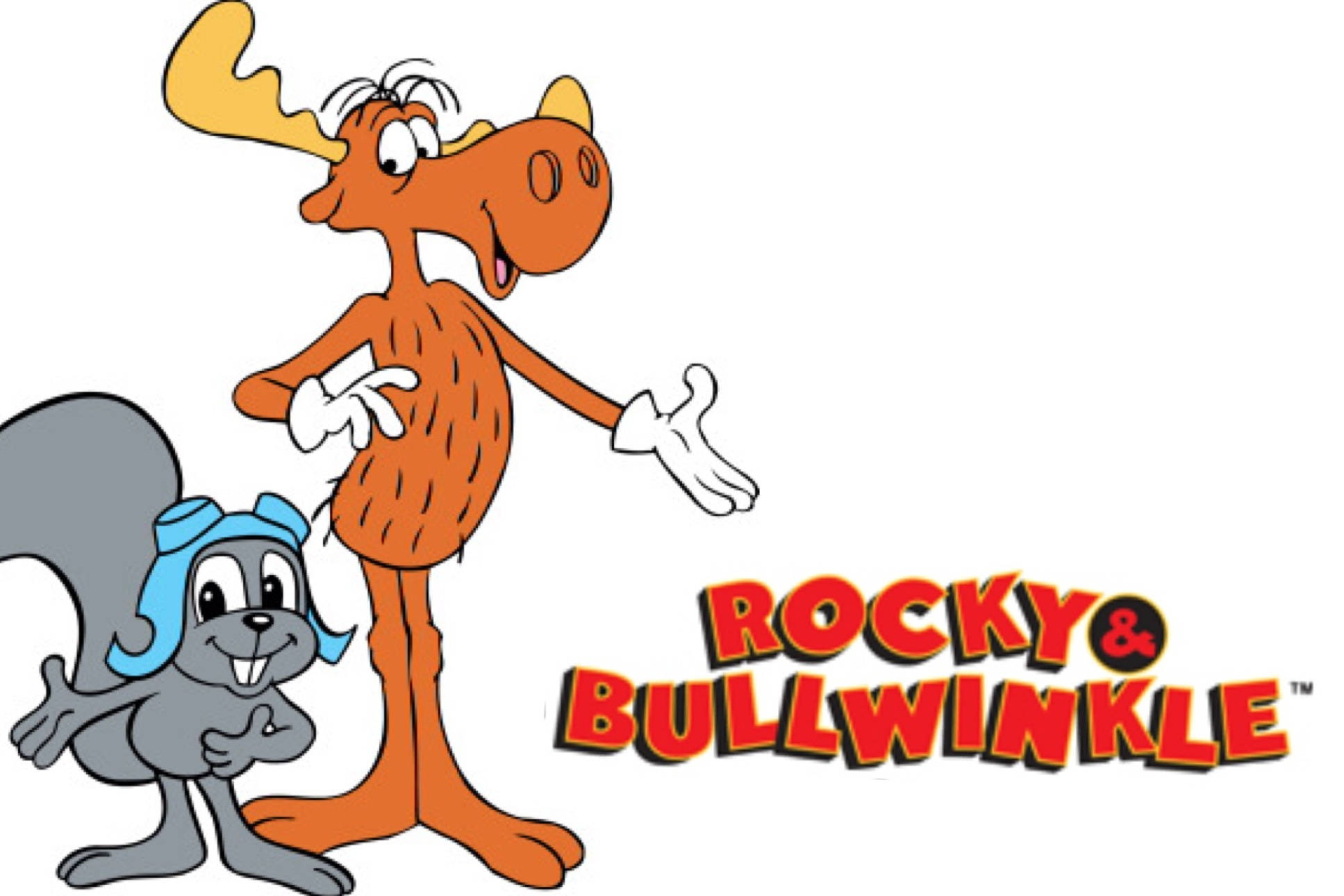 rocky 桌布 壁紙 — 來自《洛奇與布溫克》的卡通駝鹿和松鼠角色站在他們大膽的紅色標題標誌旁邊。