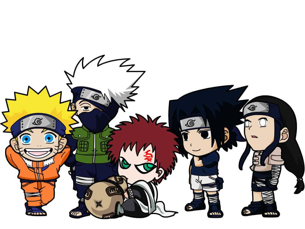 Naruto's Friend 桌布 壁紙 — 來自《火影忍者》的Q版動漫角色以鮮豔色彩和豐富表情站在純白色背景前。