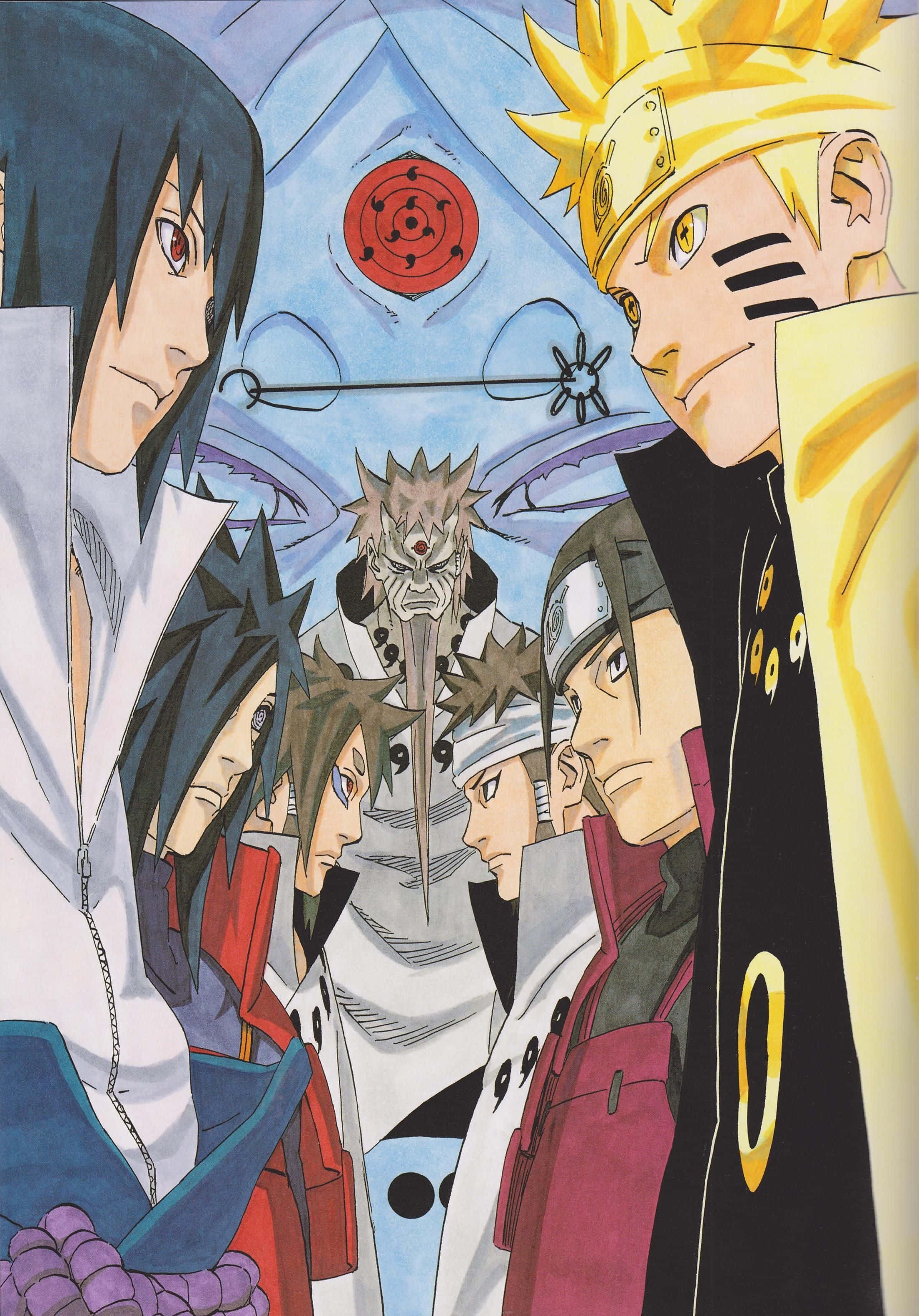 Asura ōtsutsuki 桌布 壁紙 — 來自《火影忍者》的動漫角色站在緊張的群體肖像中，上方有紅色封印和查克拉符號漂浮。