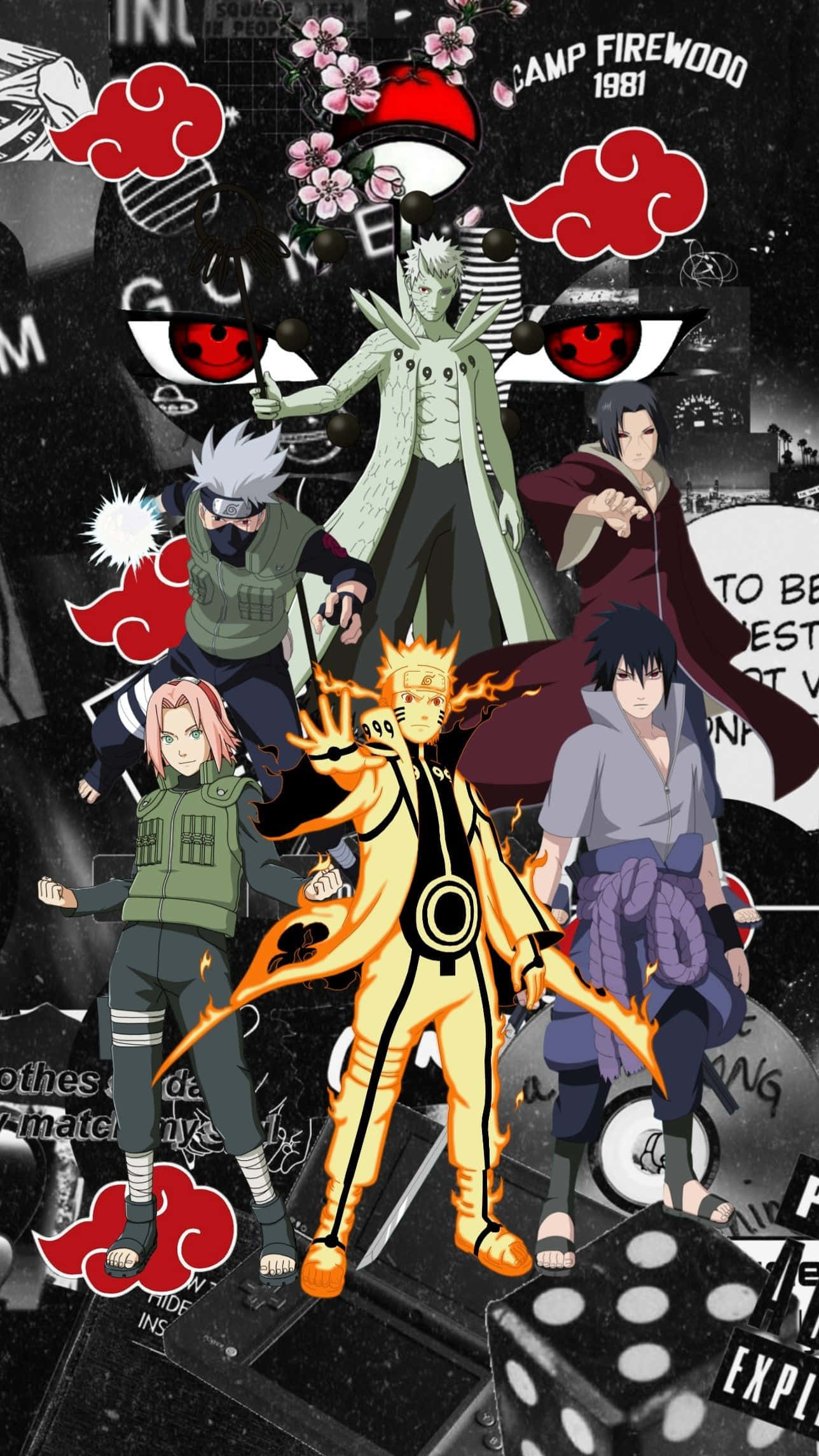 4th Great Ninja War 桌布 壁紙 — 來自《火影忍者》的動漫角色英勇地站在一面有紅色雲朵和骰子的塗鴉牆前。