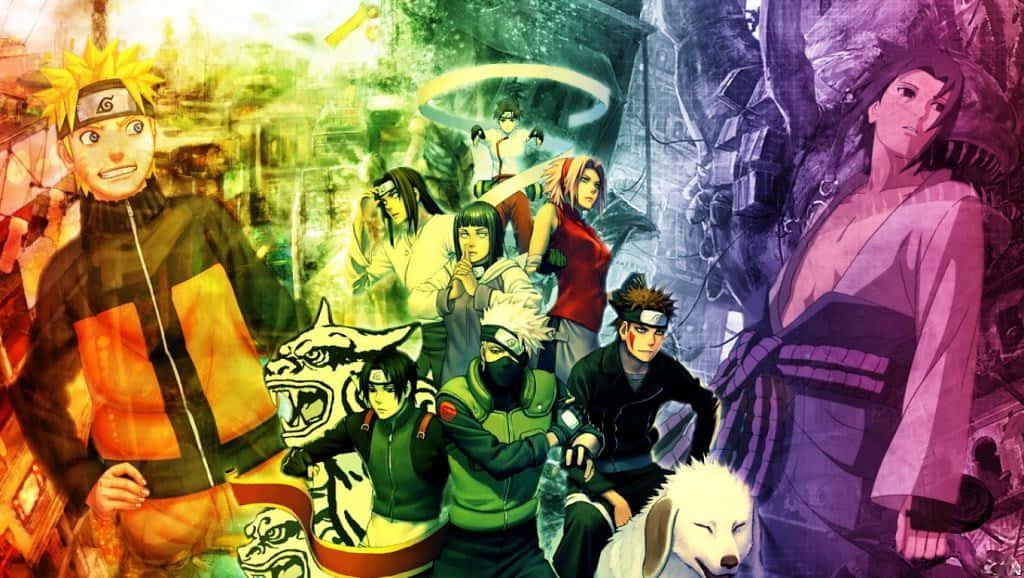 Ninja World 桌布 壁紙 — 來自《火影忍者》的鮮豔動漫角色以動態姿勢站立在色彩繽紛、風格化的戰鬥場景和村莊背景拼貼畫中。