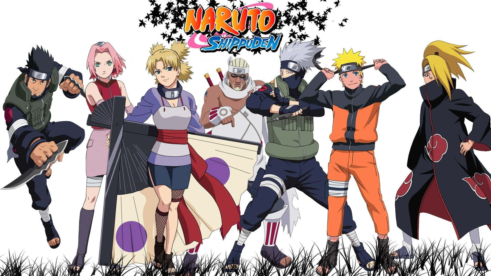 Naruto's Friend 桌布 壁紙 — 來自《火影忍者疾風傳》的七個動漫角色以動態姿勢站在草地上，櫻花在他們上方飄落。