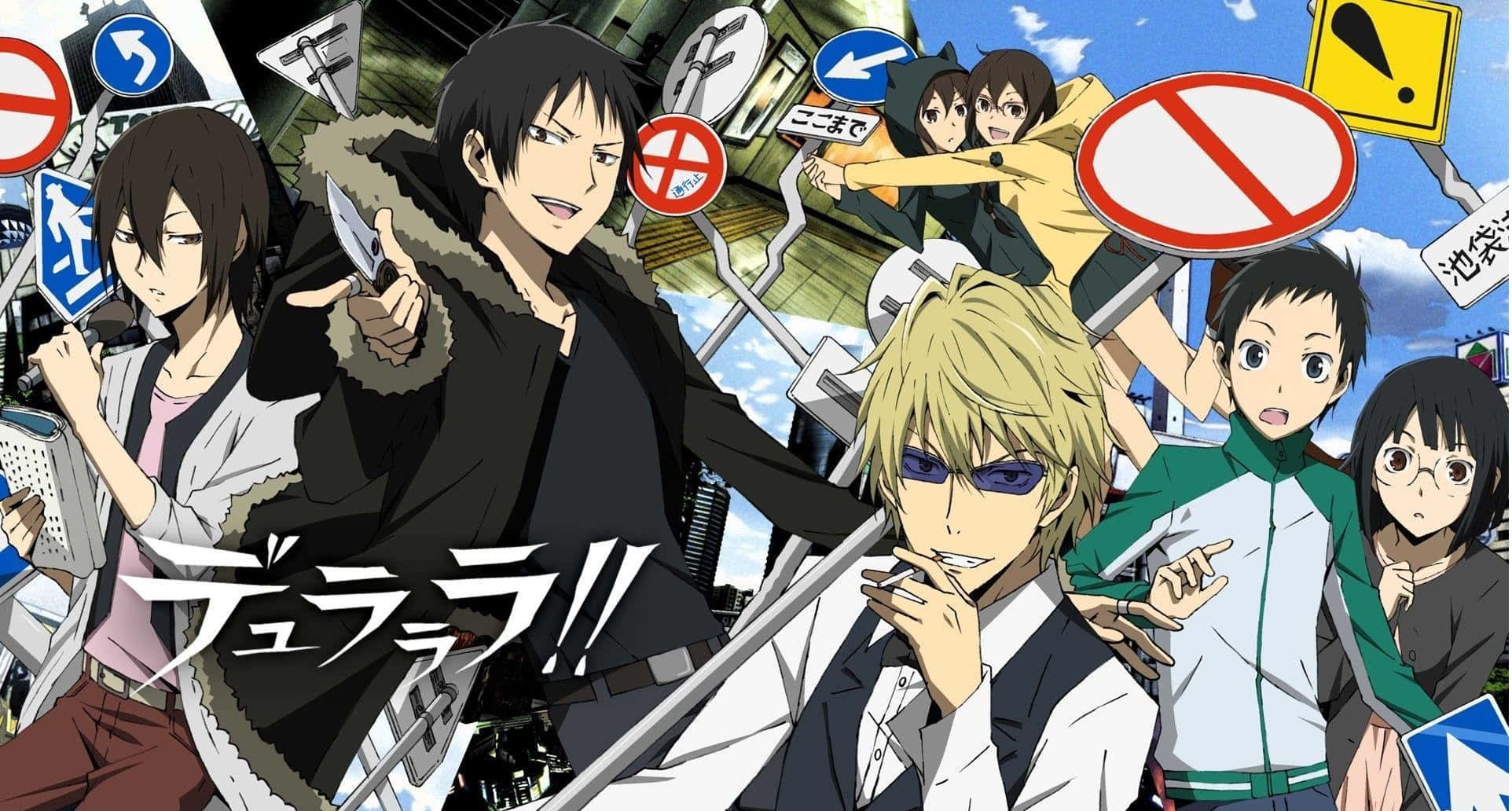 Kasuka Heiwajima 桌布 壁紙 — 來自《無頭騎士異聞錄 DuRaRaRa!!》的動畫角色站在漂浮的交通標誌之間，身處混亂的城市場景。