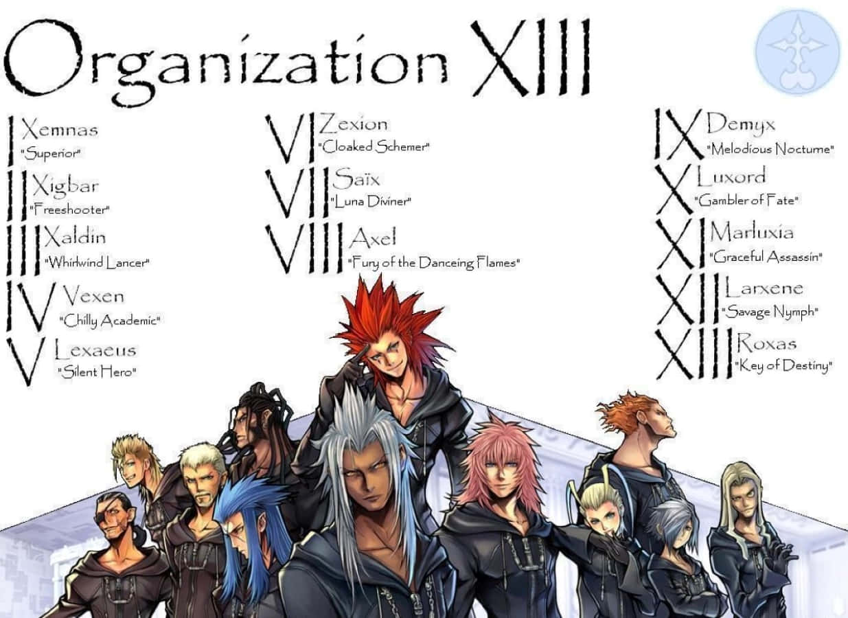 Kingdom Hearts Organization 13 桌布 壁紙 — 來自《王國之心》的XIII機關成員以動漫風格繪製的插圖，他們站在一起，上方列出他們的羅馬數字排名和稱號。