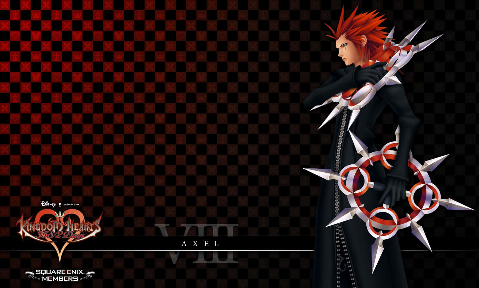 Kingdom Hearts Organization 13 桌布 壁紙 — 來自《王國之心》的動漫角色 Axel 擁有尖刺紅髮，側身站立，手持帶刺的鑰刃，背景為紅黑格紋。