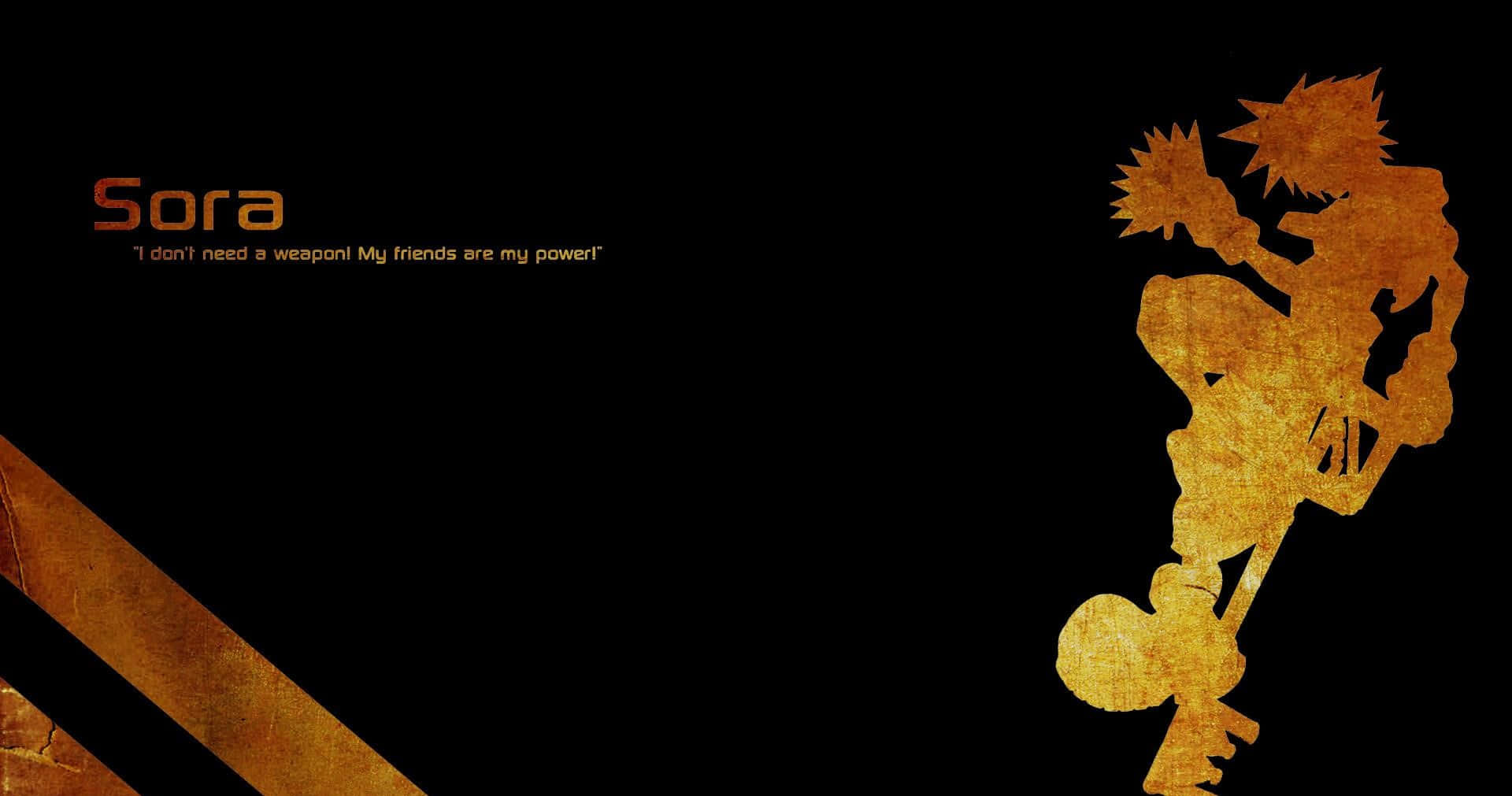 Kingdom Hearts Sora 桌布 壁紙 — 來自《王國之心》的索拉以金色紋理剪影動態跳躍，背景為純黑色，並附有橙色文字的語錄。