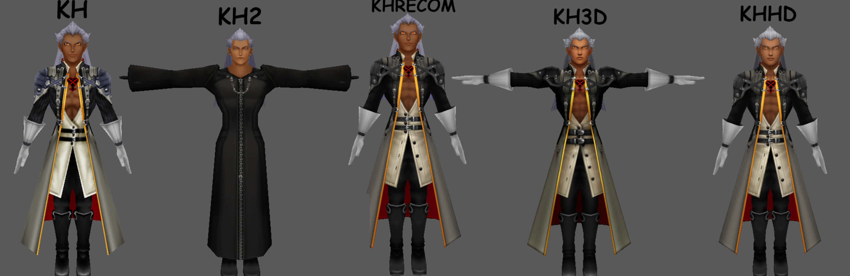 Ansem Seeker Of Darkness 桌布 壁紙 — 來自《王國之心》系列的 5 個 Xehanort 角色模型，以不同遊戲版本顯示在灰色背景上。