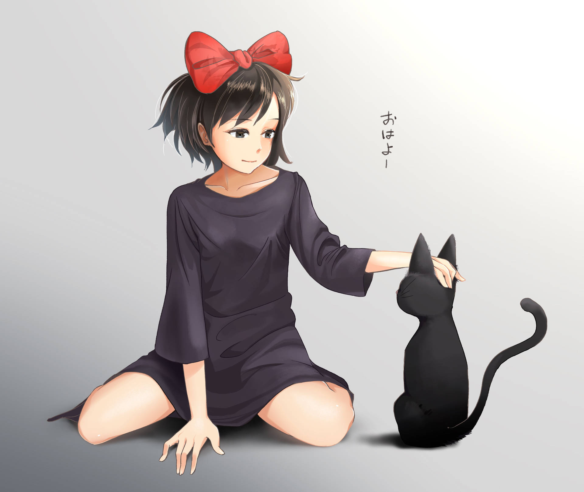動漫女孩戴紅色蝴蝶結在灰色背景上撫摸黑貓。
