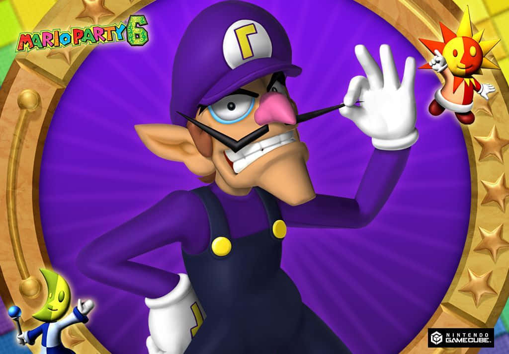 Waluigi 桌布 壁紙 — 來自《瑪利歐派對6》的瓦路易吉在充滿活力的紫色和金色星空背景下，帶著頑皮的笑容擺出自信的姿勢。