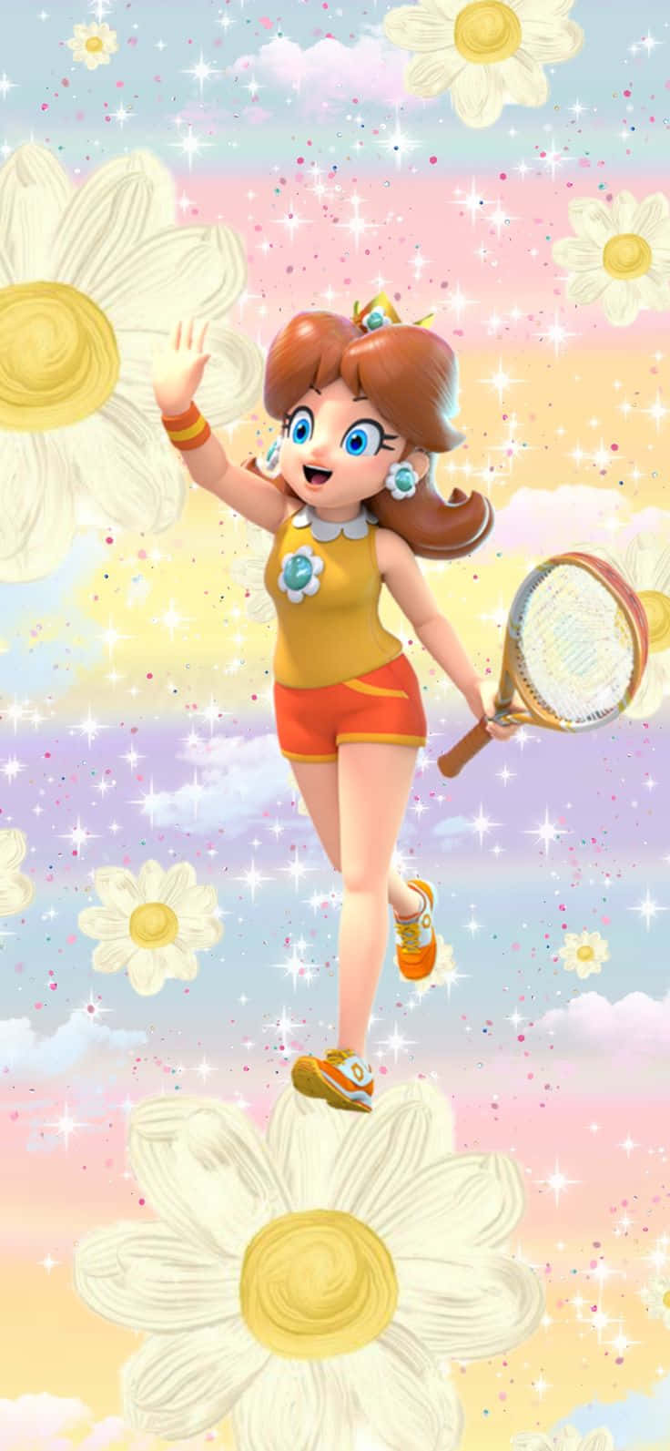 Princess Daisy 桌布 壁紙 — 來自《瑪利歐網球》的黛西拿著球拍，在滿是巨型雛菊和閃爍星星的粉彩天空下愉快地揮手。