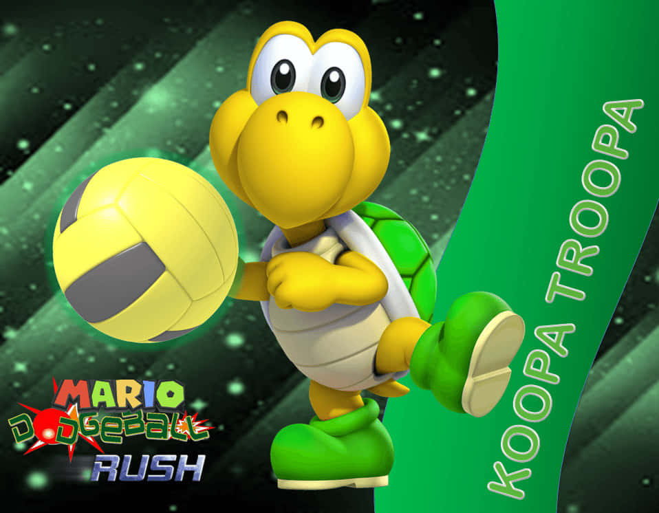 Koopa Troopa 桌布 壁紙 — 來自《瑪利歐躲避球衝刺》的開心黃色慢慢龜，在滿天星的綠色背景前拿著排球。