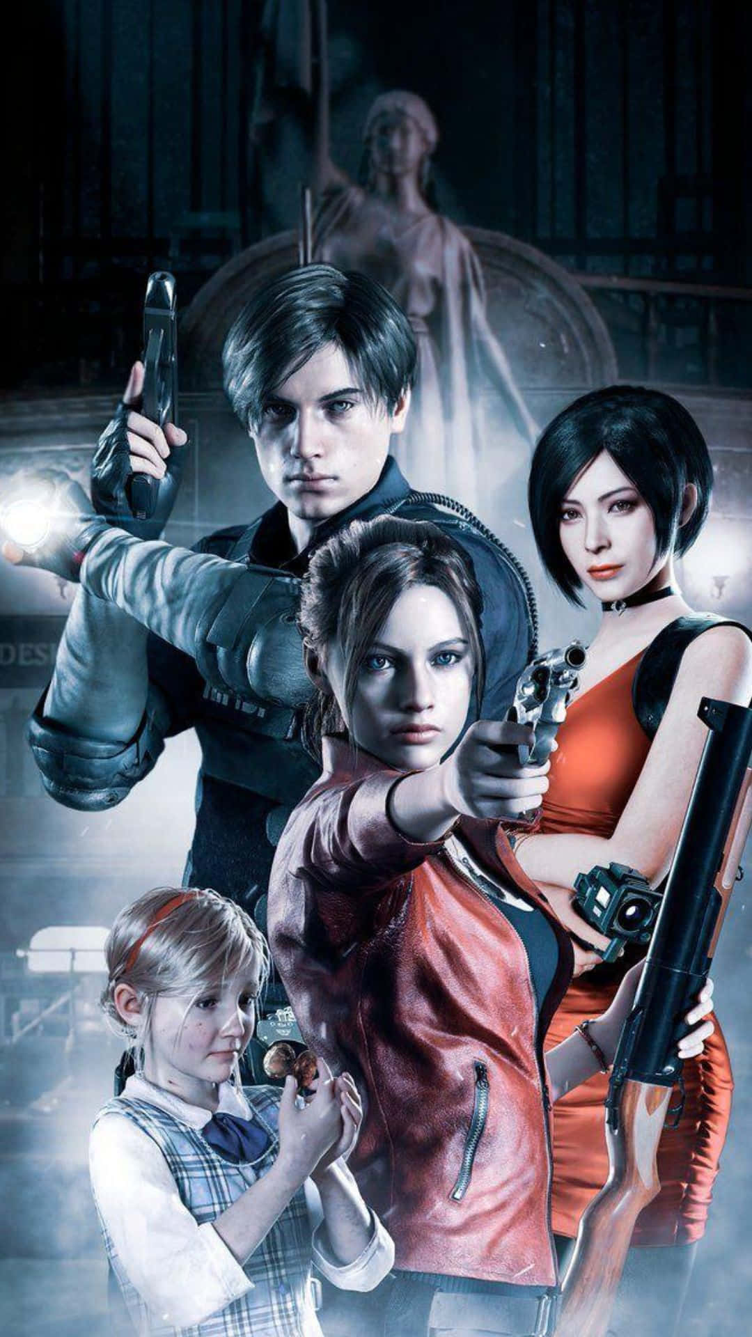 Resident Evil Characters 桌布 壁紙 — 來自《生化危機》的四個角色在黑暗、迷霧、哥德式場景中手持武器準備就緒。