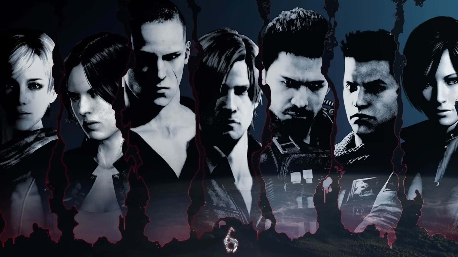 Resident Evil Characters 桌布 壁紙 — 來自《生化危機6》的七個強烈角色站在黑暗的隊列中，帶有紅色血滴狀物體和下方發光的數字六。