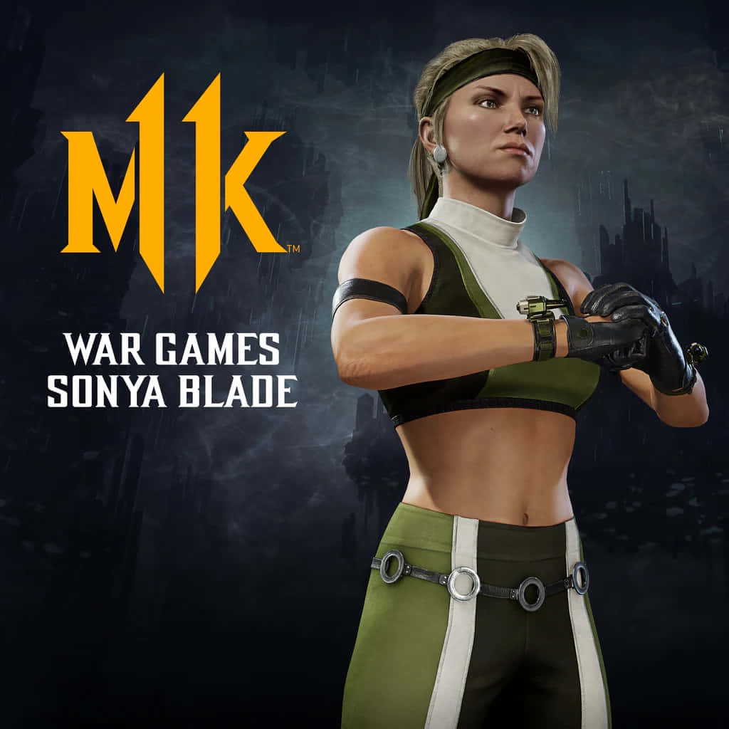 Mortal Kombat Sonya Blade 桌布 壁紙 — 來自《真人快打：戰爭遊戲》的Sonya Blade以戰鬥姿勢站立，背景是黑暗的雨夜城市景觀。
