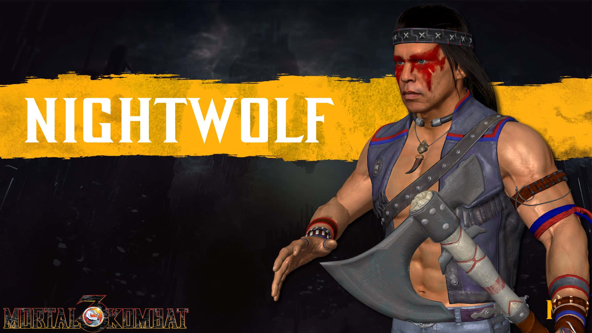 Mortal Kombat Nightwolf 桌布 壁紙 — 來自《真人快打》的夜狼手持斧頭，在黑暗背景上以粗體黃色文字呈現，準備就緒。
