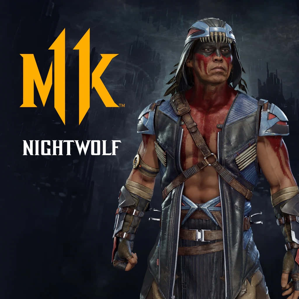 Mortal Kombat Nightwolf 桌布 壁紙 — 來自《真人快打》的夜狼站在黑暗多雨的都市景觀中，臉上和盔甲沾滿血跡。