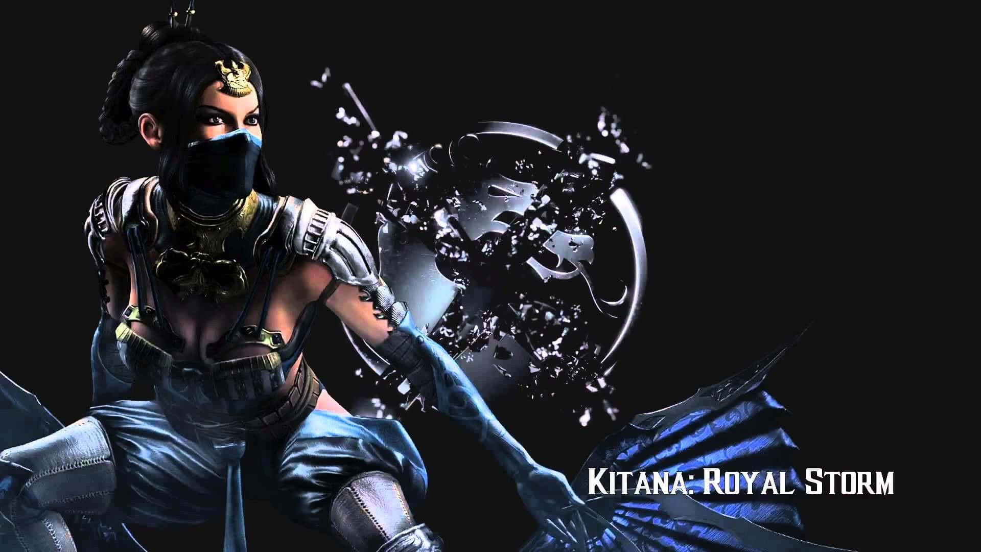 Mortal Kombat Kitana 桌布 壁紙 — 來自《真人快打》的琪塔娜在黑暗背景下以動態戰鬥姿勢揮舞著破碎的金屬盾牌。