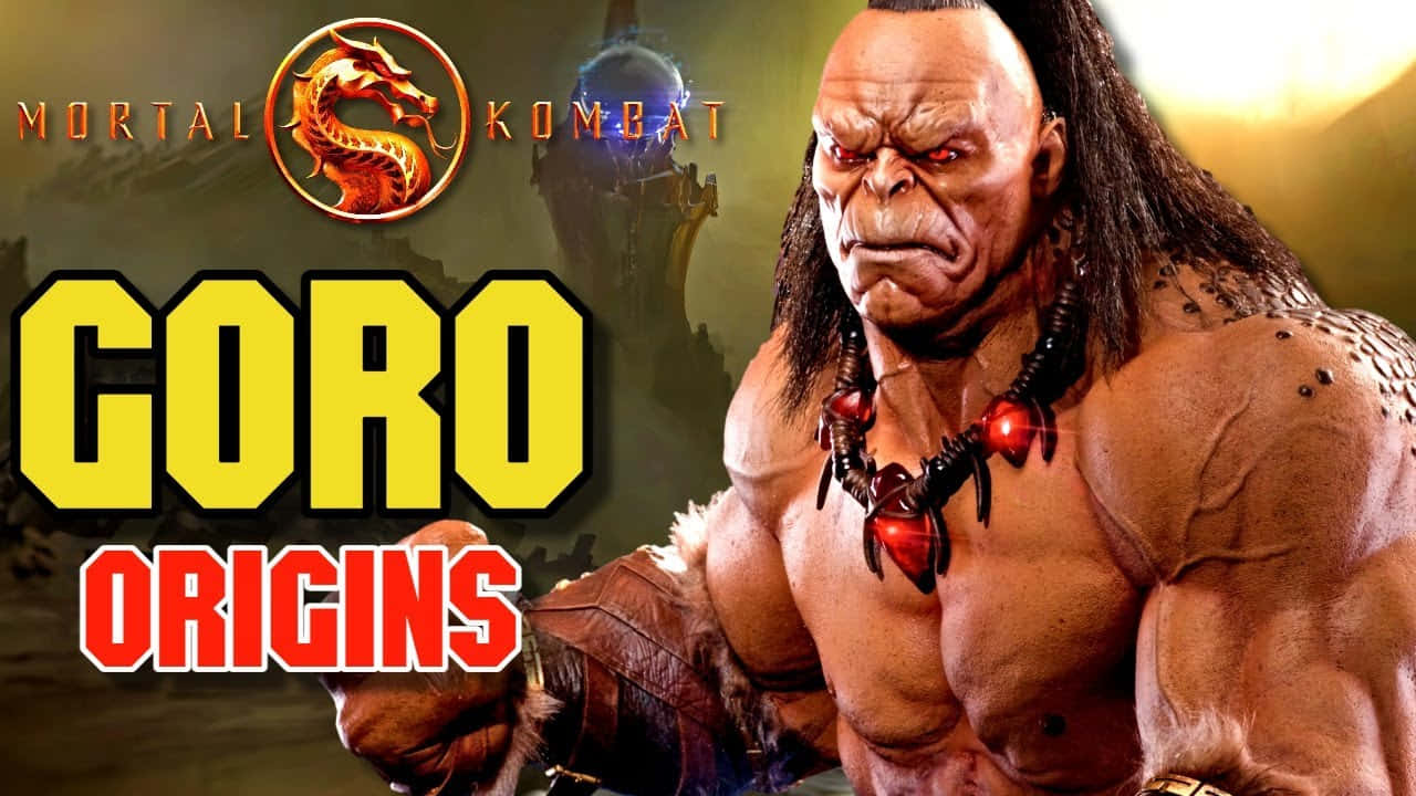 Mortal Kombat Goro 桌布 壁紙 — 來自《真人快打》的肌肉發達、憤怒的Goro，紅眼睛和部落項鍊，背景是黑暗奇幻風格，帶有發光文字。