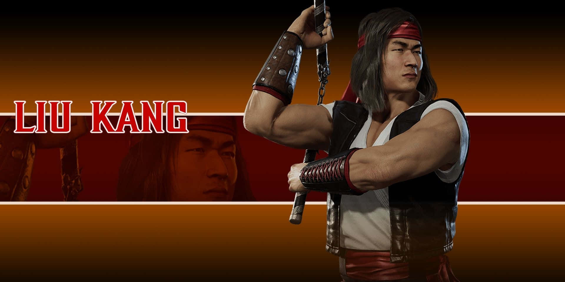 Mortal Kombat Liu Kang 桌布 壁紙 — 來自《真人快打》的肌肉發達的劉康，在熾熱的橙紅色漸變背景前，手持雙節棍擺出戰鬥姿勢。