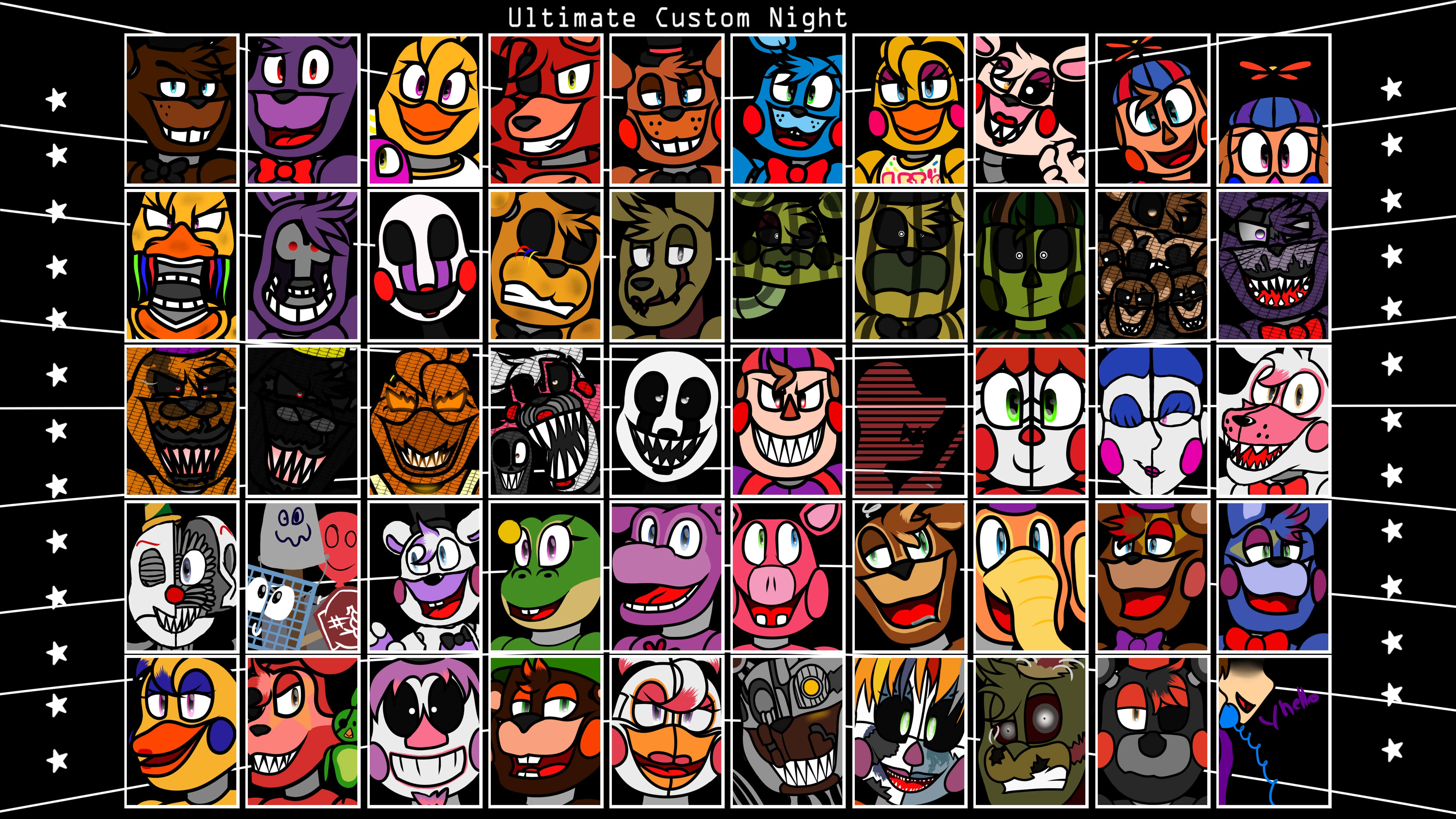 Ultimate Custom Night 桌布 壁紙 — 來自《終極自訂夜晚》的32個卡通機械動物臉孔，以多種表情和顏色排列在黑色星空背景上的網格。