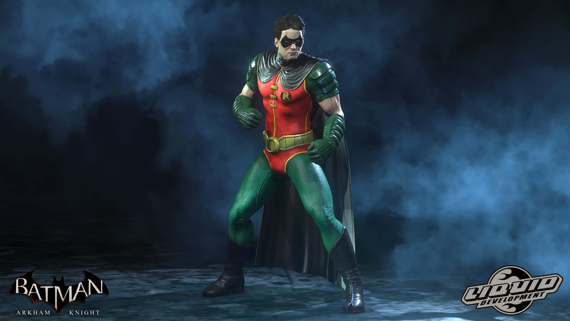 Tim Drake 桌布 壁紙 — 來自《蝙蝠俠：阿卡漢騎士》的羅賓以動態姿勢站立，背景為煙霧瀰漫的深藍色，帶有戲劇性燈光。