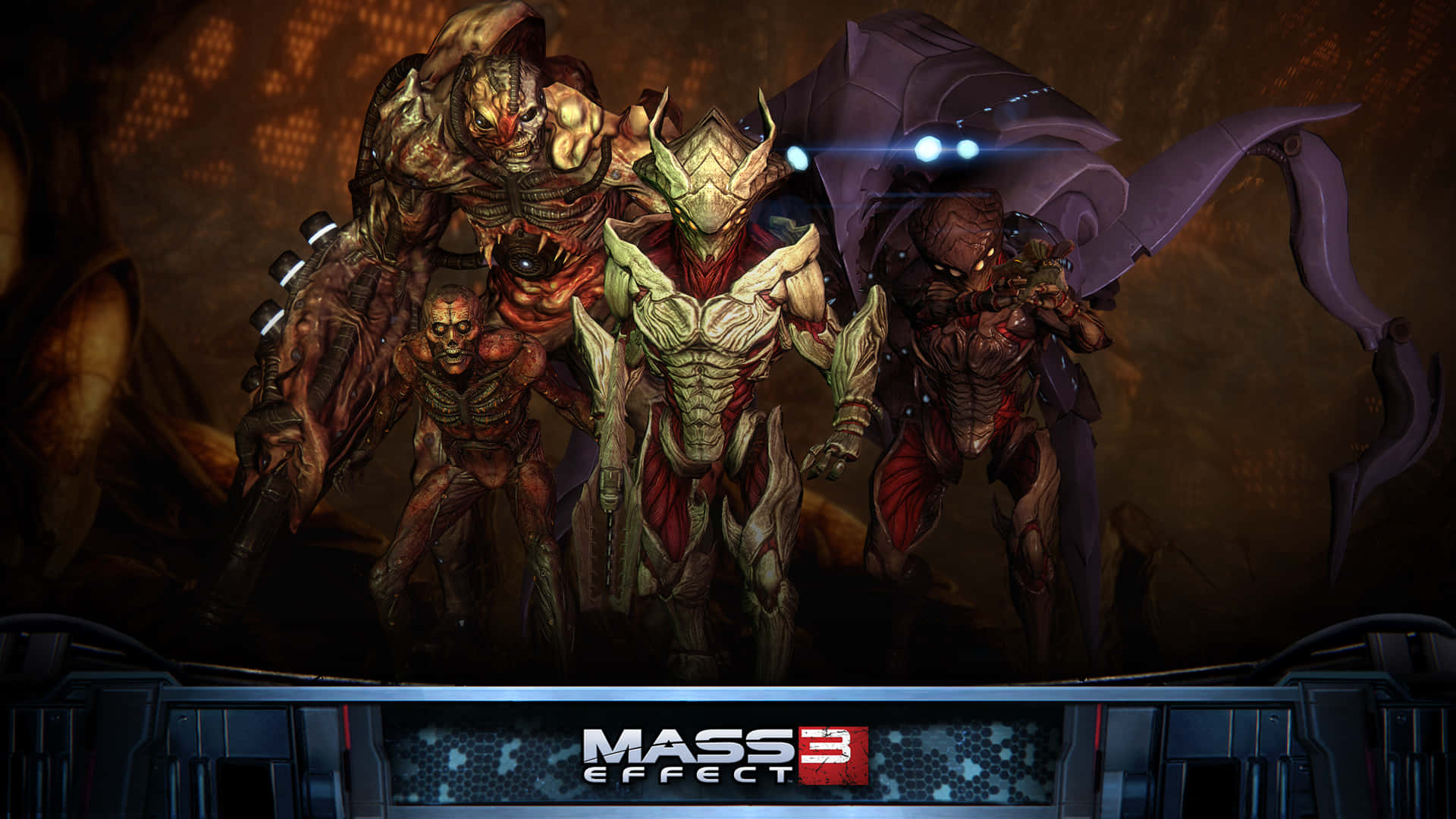 Mass Effect Multiplayer 桌布 壁紙 — 來自《質量效應3》的四個威脅性外星戰士站在黑暗的科幻走廊中，擁有發光的藍色眼睛和生物機械裝甲。