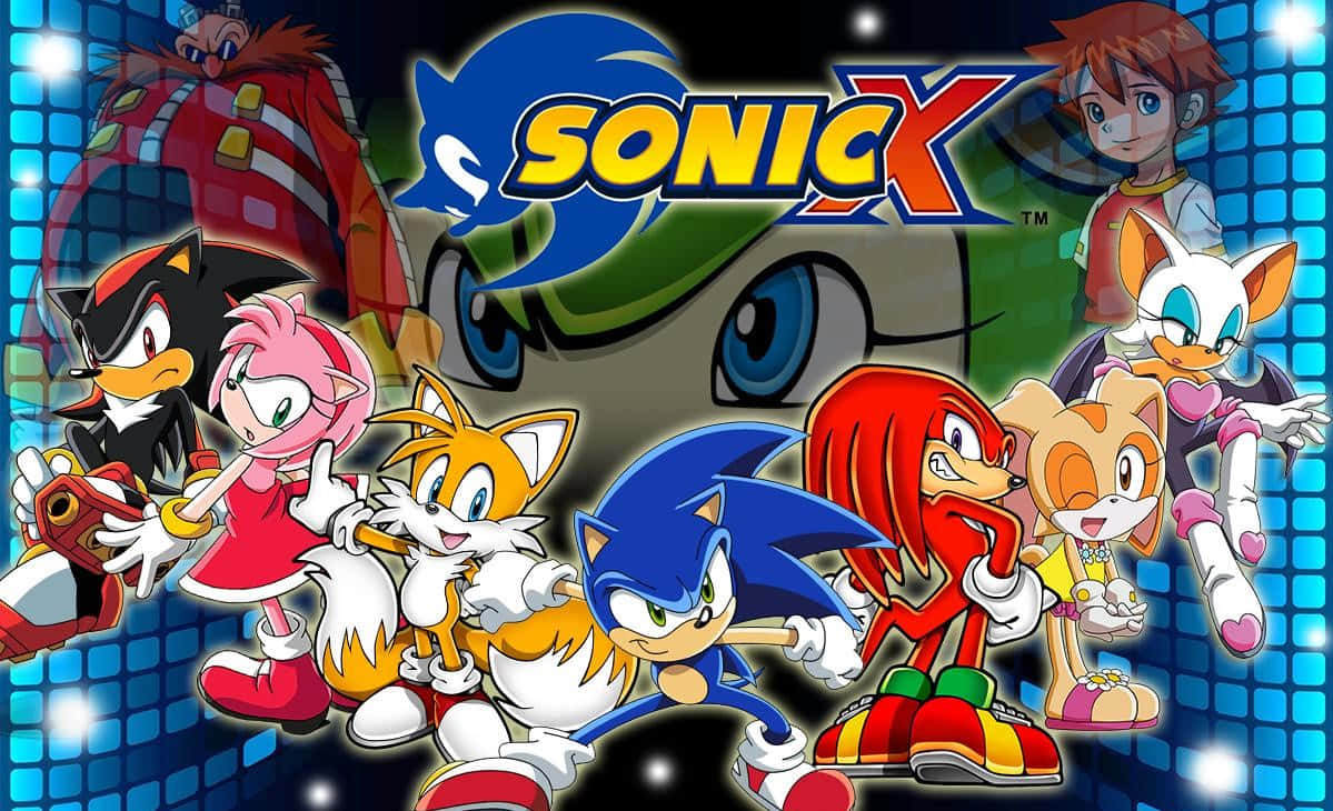 Sonic X 桌布 壁紙 — 來自《超音鼠X》的鮮豔動畫角色在發光藍色網格背景上動態擺姿勢，並帶有標題標誌。