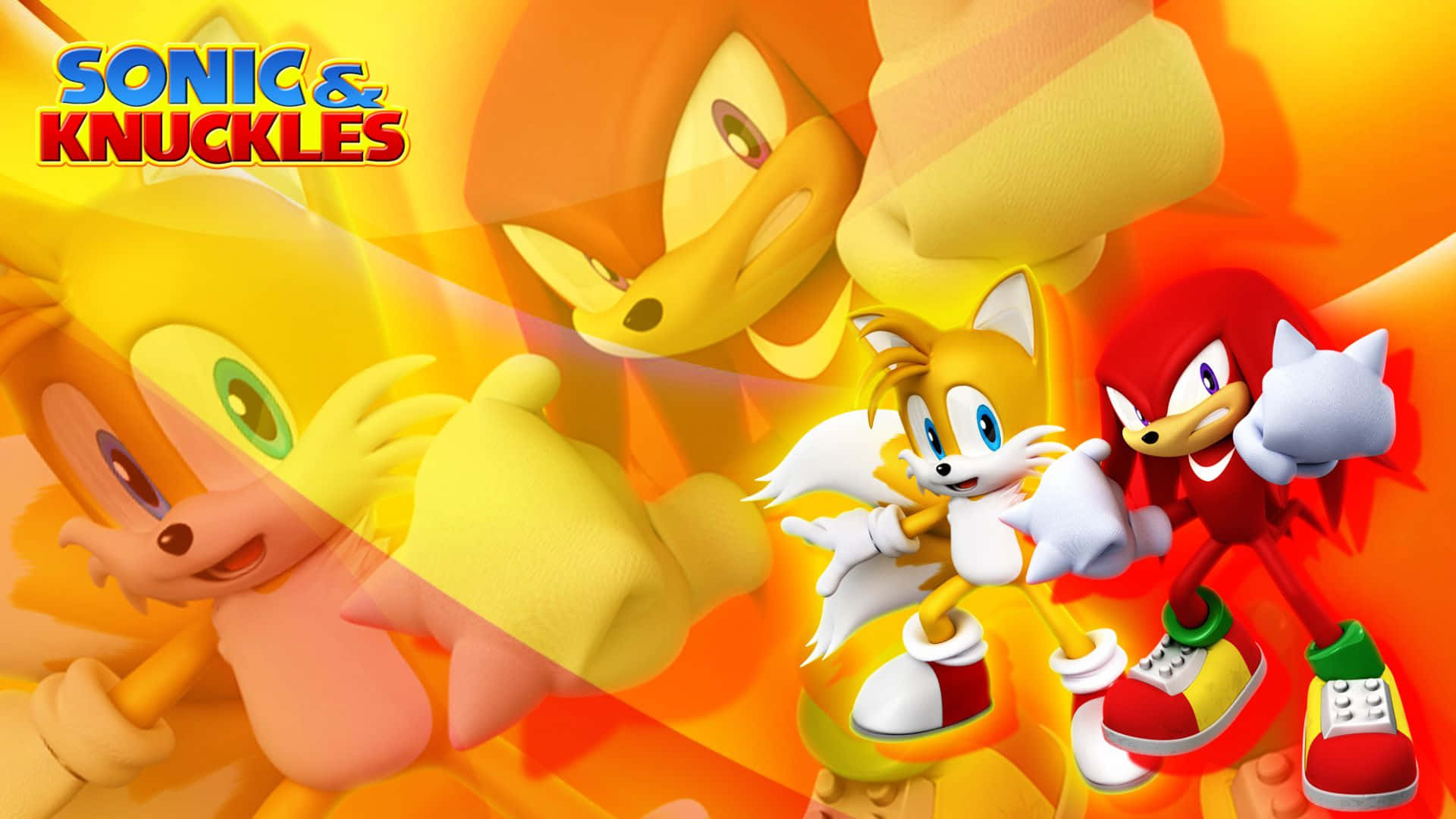 Sonic And Knuckles 桌布 壁紙 — 來自《超音鼠與納克魯斯》的鮮豔3D渲染角色，在火熱的橙黃漸變背景前動態擺姿勢。