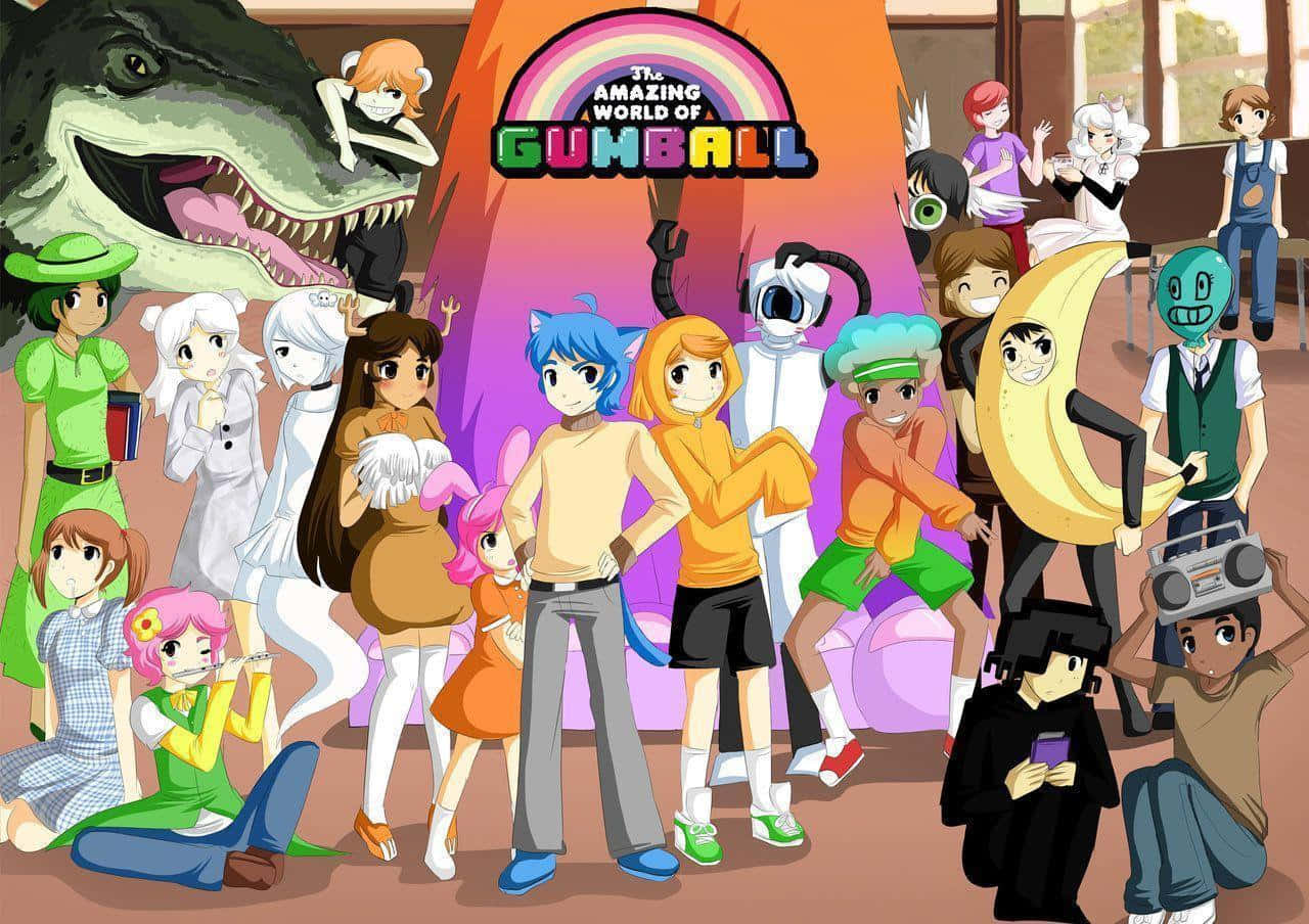 the amazing world of gumball 桌布 壁紙 — 來自《阿甘妙世界》的充滿活力的動畫角色，與巨型恐龍和香蕉月亮在色彩繽紛的教室中擺姿勢。