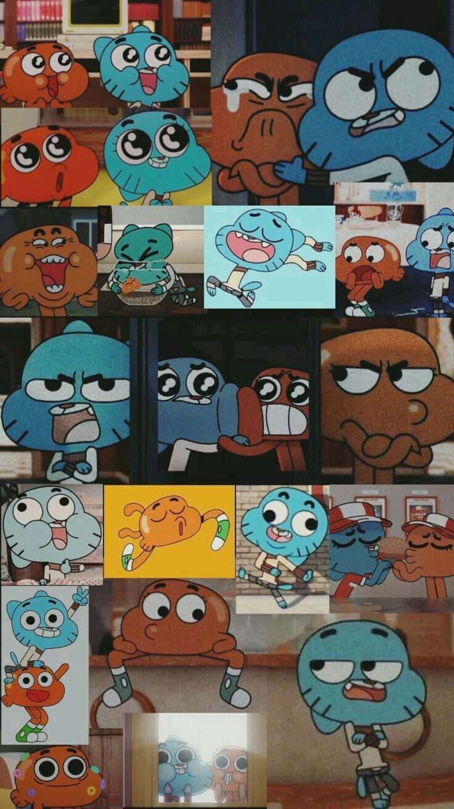 Gumball And Darwin 桌布 壁紙 — 來自《阿甘妙世界》的卡通人物嘅生動拼貼，展示各種誇張嘅表情同姿勢。