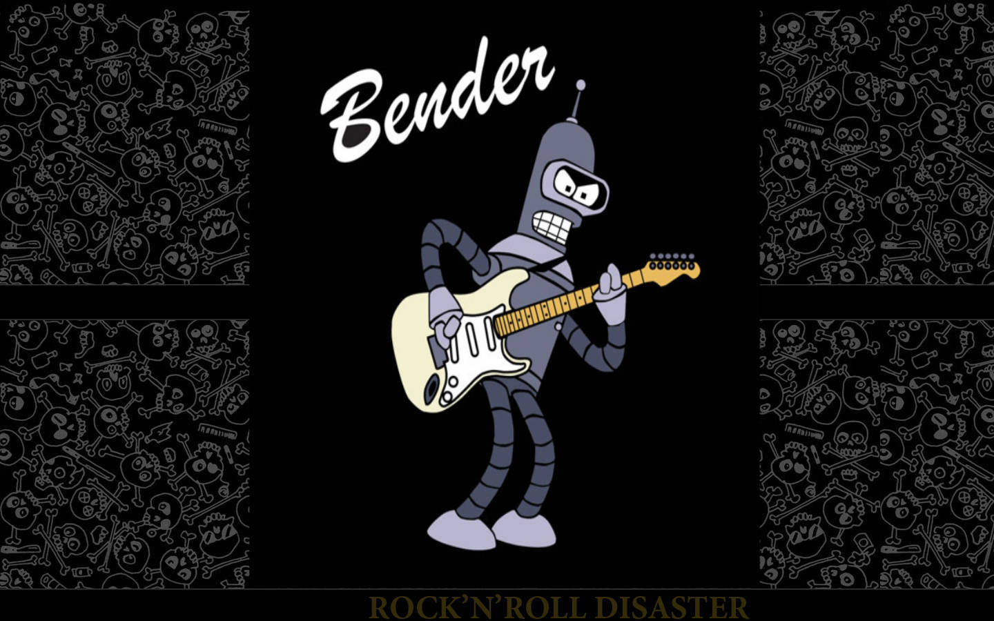 Bender Futurama 桌布 壁紙 — 來自《飛出個未來》的班德在帶有骷髏圖案的黑色背景上彈奏白色電結他。