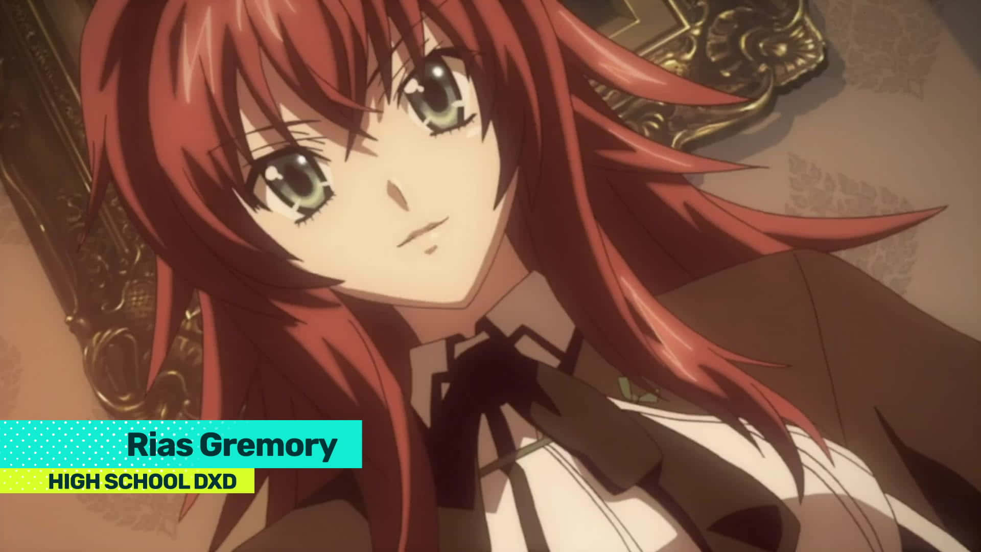 Rias Gremory 桌布 壁紙 — 來自《高校D×D》的莉亞絲·吉蒙里特寫，紅髮綠眼，表情嚴肅地向上看。