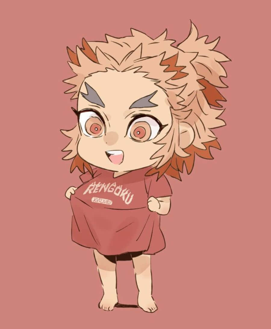 Rengoku Chibi 桌布 壁紙 — 來自《鬼滅之刃》的Q版煉獄杏壽郎，穿著紅色T恤，開心地站在純粉紅色背景前。