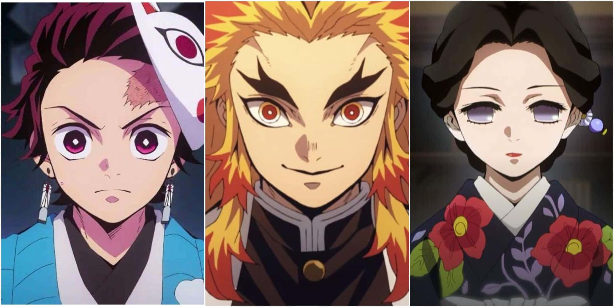 Demon Slayer Characters 桌布 壁紙 — 來自《鬼滅之刃》的三個動漫角色，具有獨特的表情和傳統日本服飾。