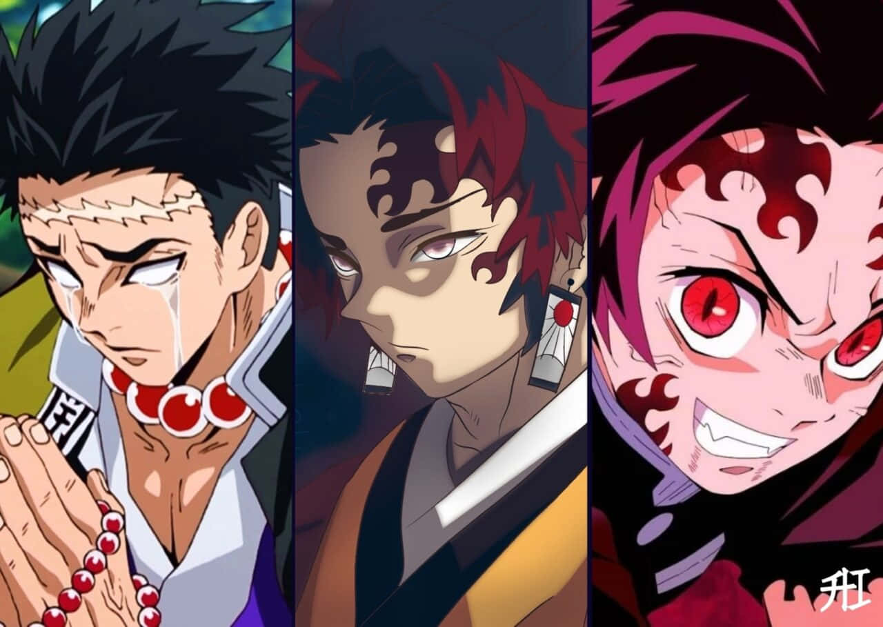 Demon Slayer Characters 桌布 壁紙 — 來自《鬼滅之刃》的三個強烈動漫角色，帶有獨特的表情和惡魔印記。