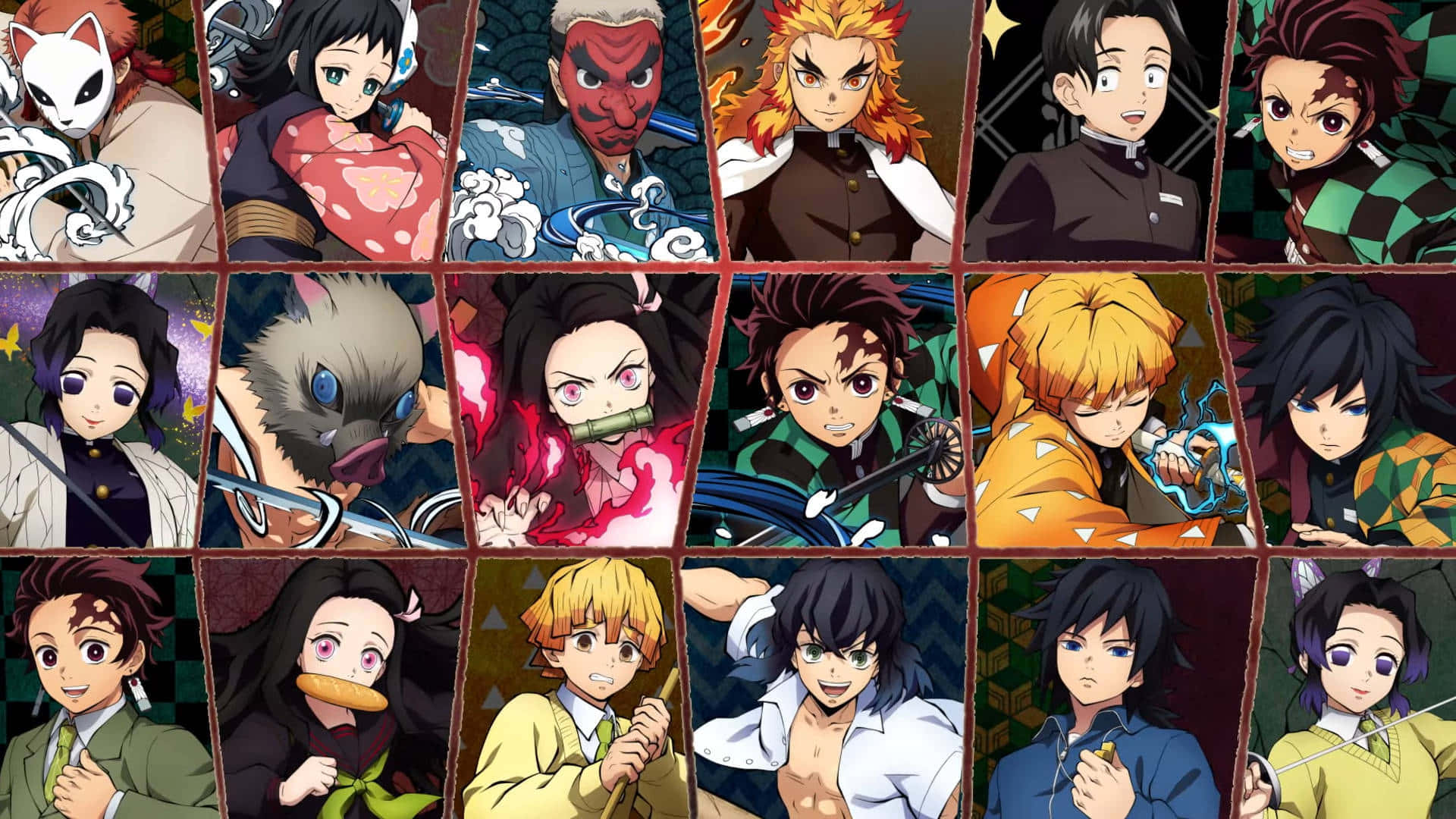 Demon Slayer Characters 桌布 壁紙 — 來自《鬼滅之刃》的動漫角色生動網格，展現多樣表情與動態姿勢。
